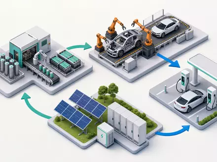 Isometrisches 3D-Diagramm zeigt die Wertschöpfungskette von Tesla Inc., ISIN US88160R1014, von Batterie bis zur Ladestation - Foto: THN