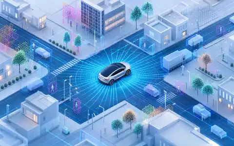 Tesla US88160R1014 isometrisch 3D autonomes Fahren Lidar Sensornetz Stadtmodell mit leuchtend blauen Strahlen - Foto: THN