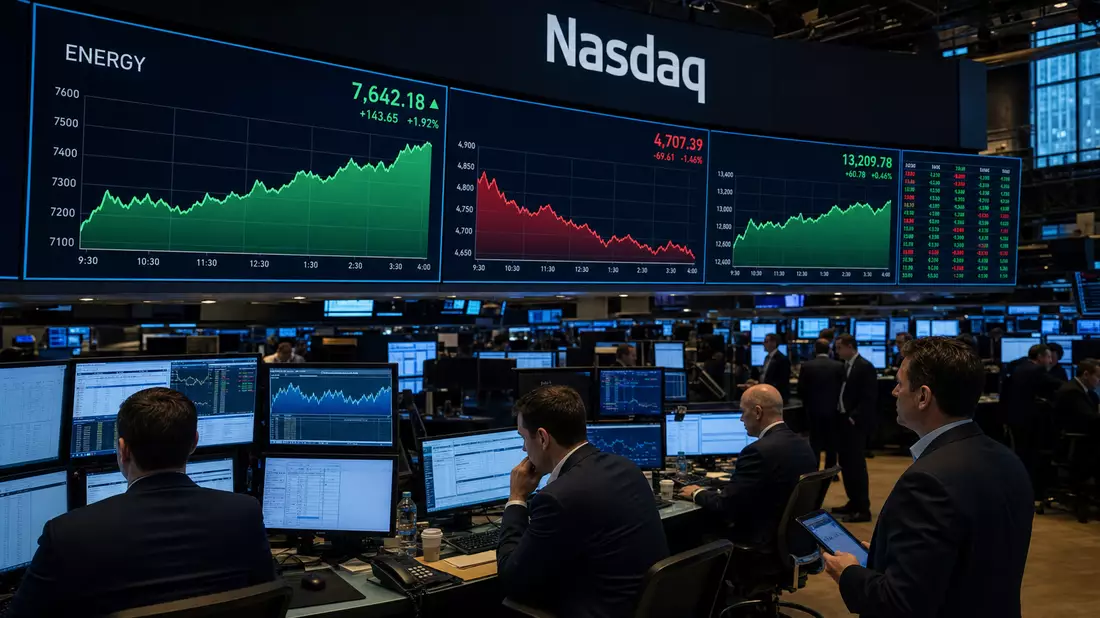 Trading-Floor mit Nasdaq-Anzeige und grünen sowie roten Kurscharts im Energiesektor
