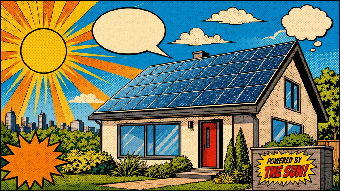 Pop-Art-Comicillustration eines generischen Hauses mit Solarmodulen auf dem Dach, strahlende Sonne m