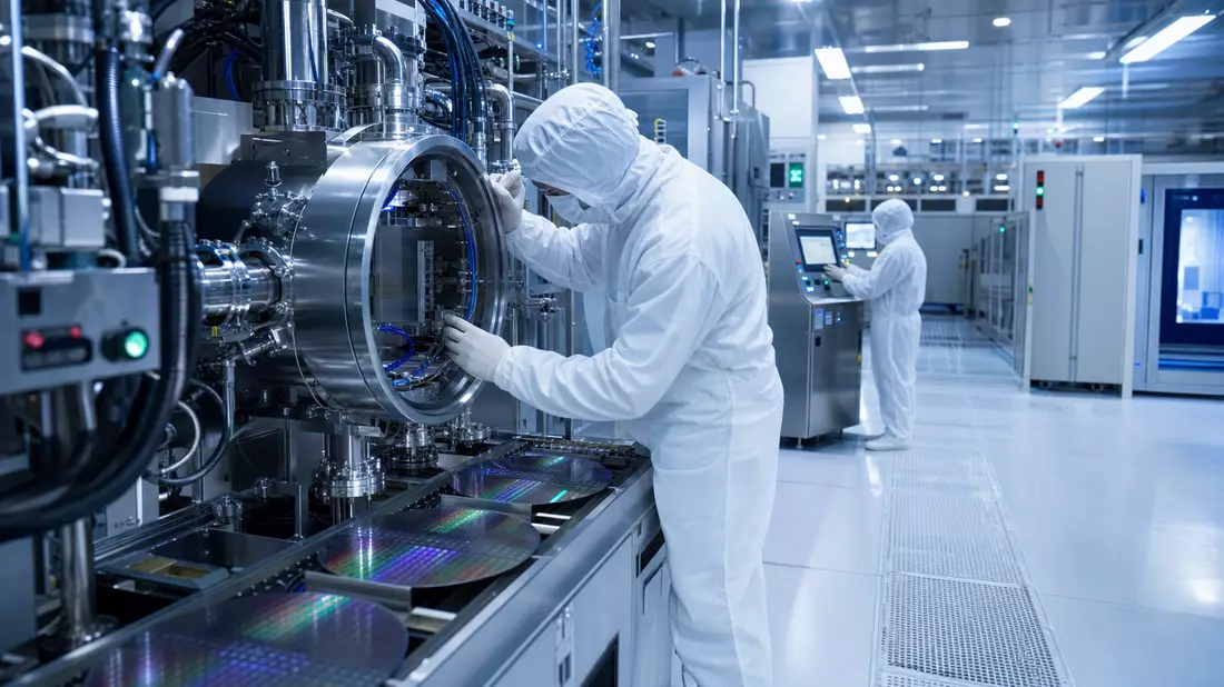Ingenieure in Bunny-Suits an Wafer-Processing-Anlage in Reinraum-Fabrik