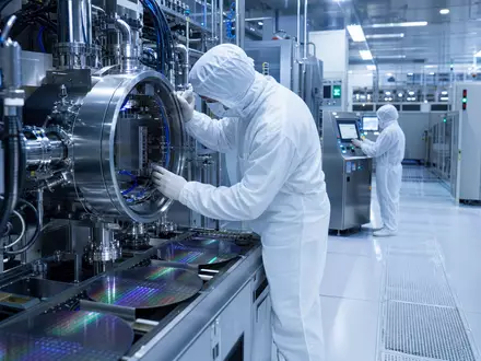 Applied Materials Inc. (US0382221051) zeigt Reinraum-Ingenieure an einer Wafer-Processing-Kammer in moderner Halbleiterfabrik - Foto: THN