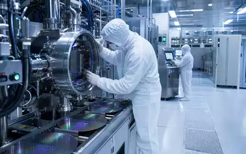 Applied Materials Inc. (US0382221051) zeigt Reinraum-Ingenieure an einer Wafer-Processing-Kammer in moderner Halbleiterfabrik - Foto: THN