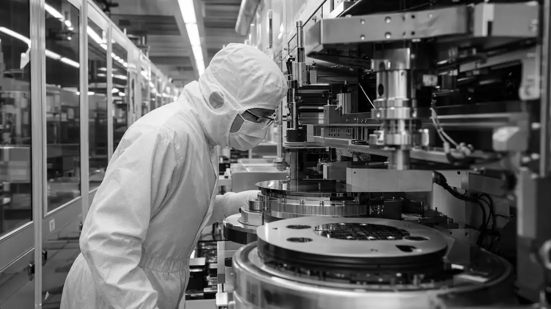 Schwarzweiß-Reportagefoto eines Technikers an Wafer-Fertigungsanlage