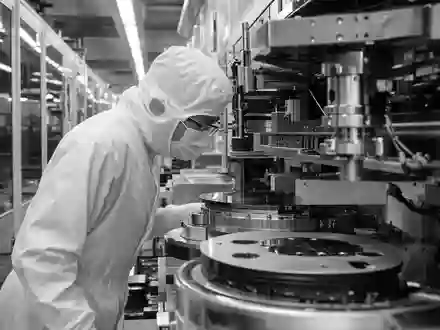 Applied Materials Inc. (US0382221051) dokumentiert Techniker bei Wafer-Kontrolle in Schwarzweiß-Reportage-Fotografie der Fertigung - Foto: THN