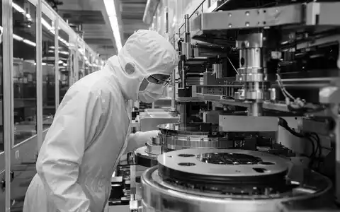 Applied Materials Inc. (US0382221051) dokumentiert Techniker bei Wafer-Kontrolle in Schwarzweiß-Reportage-Fotografie der Fertigung - Foto: THN