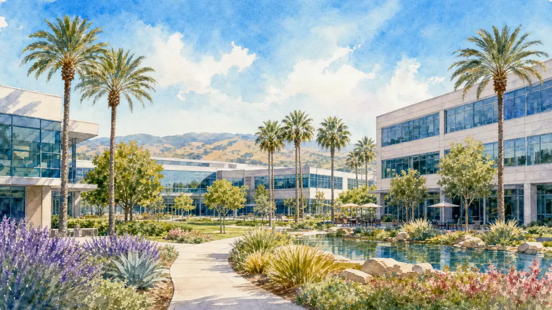 Aquarellmalerei eines Technologie-Campus mit Palmen in Kalifornien