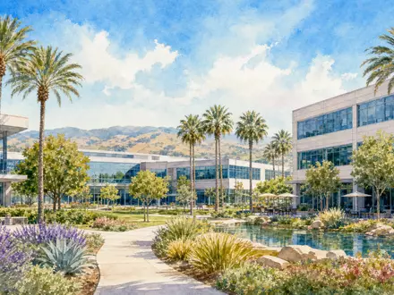 Applied Materials Inc. (US0382221051) illustriert Aquarell-Ansicht eines kalifornischen Technologie-Campus mit Palmen und Bürogebäuden - Foto: THN