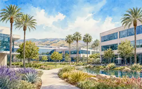 Applied Materials Inc. (US0382221051) illustriert Aquarell-Ansicht eines kalifornischen Technologie-Campus mit Palmen und Bürogebäuden - Foto: THN