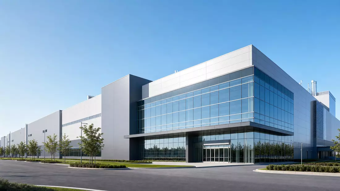3D-Architekturrender einer modernen Halbleiter-Fabrikanlage mit Glasfassade