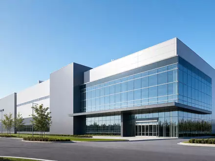 Applied Materials Inc. (US0382221051) präsentiert Architektur-Render einer modernen unbeschrifteten Halbleiter-Fertigungsanlage mit Glasfassade - Foto: THN