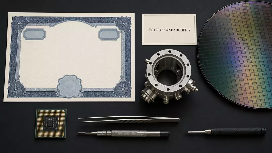 Flatlay mit Aktienzertifikat, ISIN-Karte, Wafer und Werkzeugen