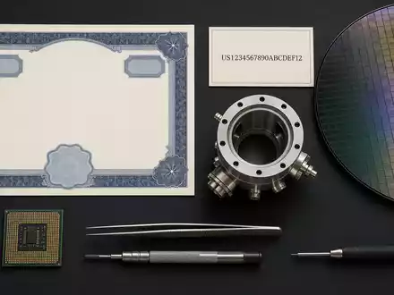 Applied Materials Inc. (US0382221051) zeigt Flatlay mit Aktienzertifikat, ISIN-Karte, Silizium-Wafer und Präzisionswerkzeugen der Halbleiterbranche - Foto: THN