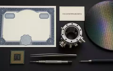 Applied Materials Inc. (US0382221051) zeigt Flatlay mit Aktienzertifikat, ISIN-Karte, Silizium-Wafer und Präzisionswerkzeugen der Halbleiterbranche - Foto: THN