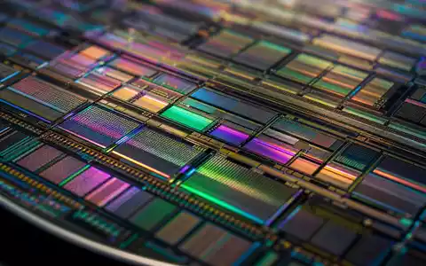 Applied Materials US0382221051 – Atomic-Layer-Deposition Makro irisierender Wafer mit Interferenzfarben in Nahaufnahme - Foto: THN