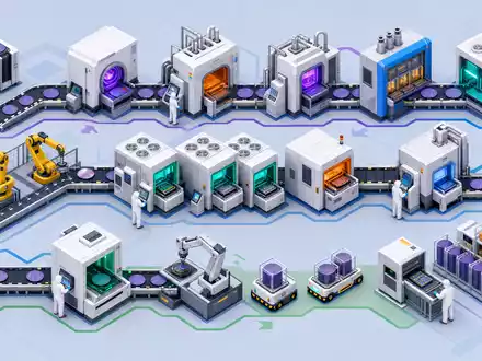 Applied Materials Inc. (US0382221051) visualisiert isometrische 3D-Wertschöpfungskette mit Wafer-Kammern, Robotern und Fertigungsmodulen - Foto: THN