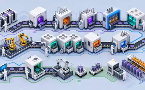 Applied Materials US0382221051 – isometrische 3D-Illustration des Halbleiter-Reinraums mit Prozessanlagen und Kammern - Foto: THN