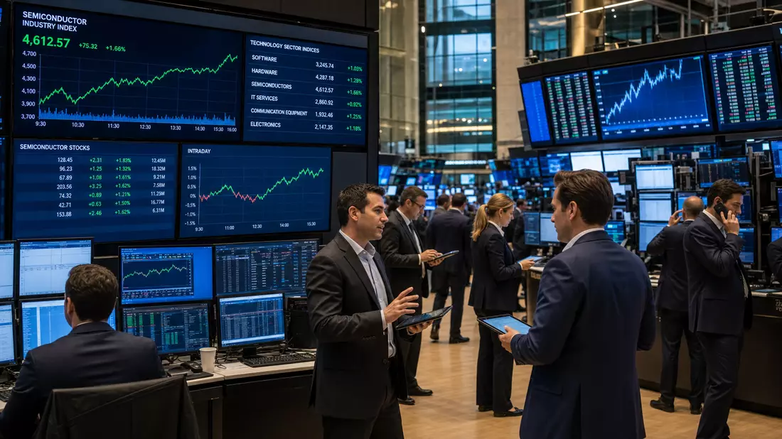 Trading-Floor mit Bildschirmen und Halbleiter-Branchencharts