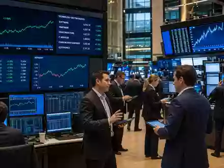 Applied Materials Inc. (US0382221051) zeigt Börsen-Editorial mit Trading-Floor und Halbleiter-Sektor-Charts auf großen Bildschirmen - Foto: THN