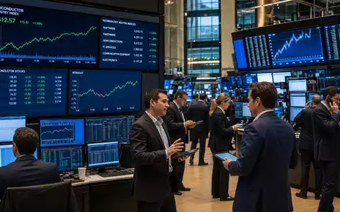 Applied Materials Inc. (US0382221051) zeigt Börsen-Editorial mit Trading-Floor und Halbleiter-Sektor-Charts auf großen Bildschirmen - Foto: THN