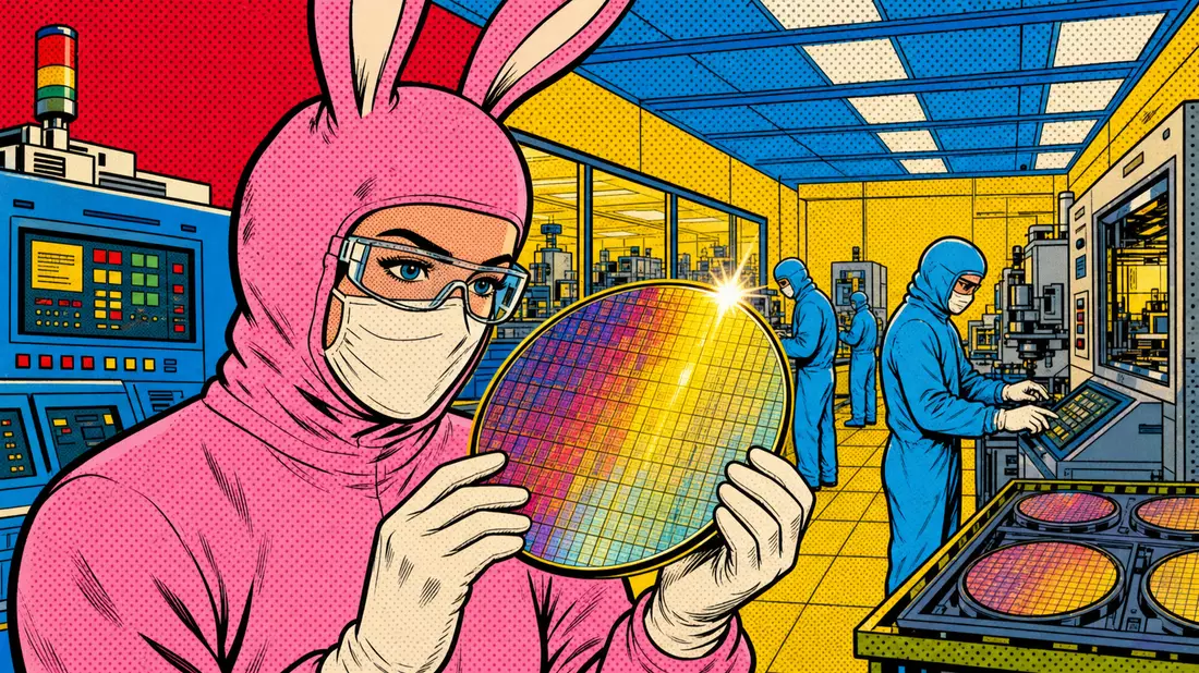 Pop-Art-Comic-Szene mit Ingenieurin im Bunny-Suit und Silizium-Wafer