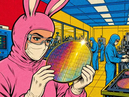 Applied Materials Inc. (US0382221051) präsentiert farbenfrohe Pop-Art-Comic-Szene mit Ingenieurin im Bunny-Suit und leuchtendem Silizium-Wafer - Foto: THN