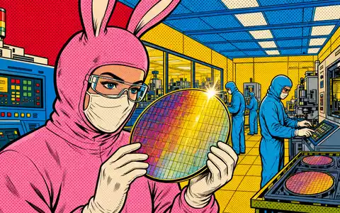 Applied Materials Inc. (US0382221051) präsentiert farbenfrohe Pop-Art-Comic-Szene mit Ingenieurin im Bunny-Suit und leuchtendem Silizium-Wafer - Foto: THN
