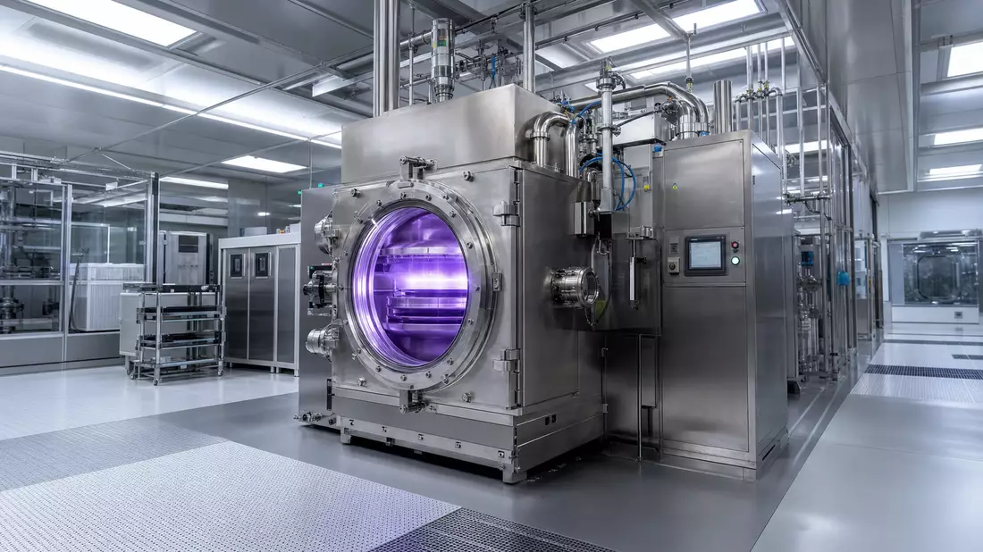 Fotorealistischer Blick auf eine generische Plasma-Etch-Maschine mit lila Plasmaschein durch das Sichtfenster im Halbleiter-Reinraum