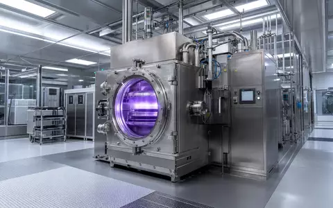 Lam Research US5324571083 generische Plasma Etch Maschine mit lila Plasma im modernen Reinraum sichtbar - Foto: THN