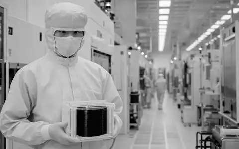 Lam Research US5324571083 Reinraum Techniker haelt Wafer Carrier im Schwarz Weiss Reportage Stil - Foto: THN