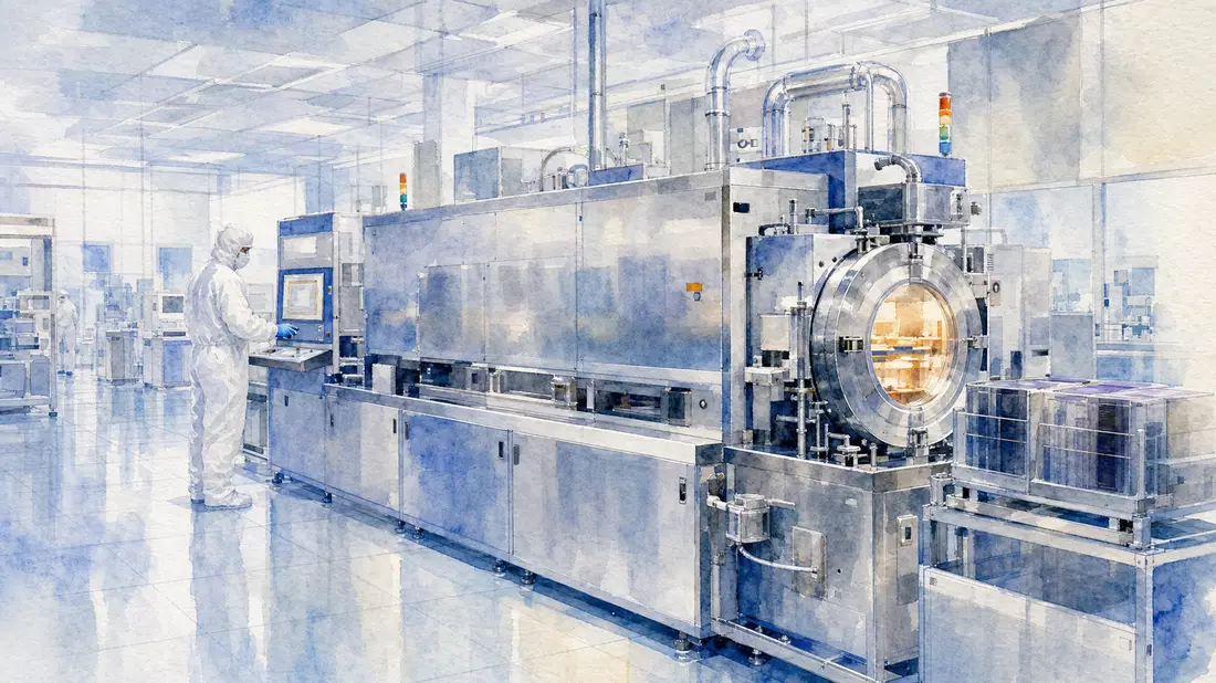 Aquarellmalerei eines CVD-Deposition-Tools in zarten Blau- und Silbertönen, ein Techniker steht an der Bedienkonsole