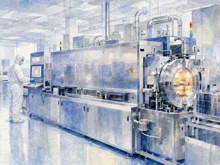Lam Research US5324571083 Deposition Tool als zartes blaues Aquarell mit Techniker im hellen Reinraum - Foto: THN