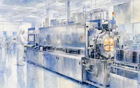 Lam Research US5324571083 Deposition Tool als zartes blaues Aquarell mit Techniker im hellen Reinraum - Foto: THN