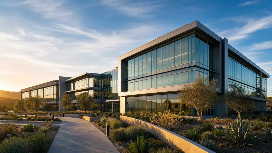 Architekturaufnahme eines modernen Glas-Stahl-Technologiecampus in Fremont, Kalifornien, bei warmem Goldstundenlicht