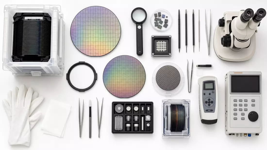 Draufsicht-Flatlay auf weißem Untergrund: Siliziumwafer, FOUP-Wafer-Carrier, Pinzetten, Reinraumhandschuhe und Messinstrumente