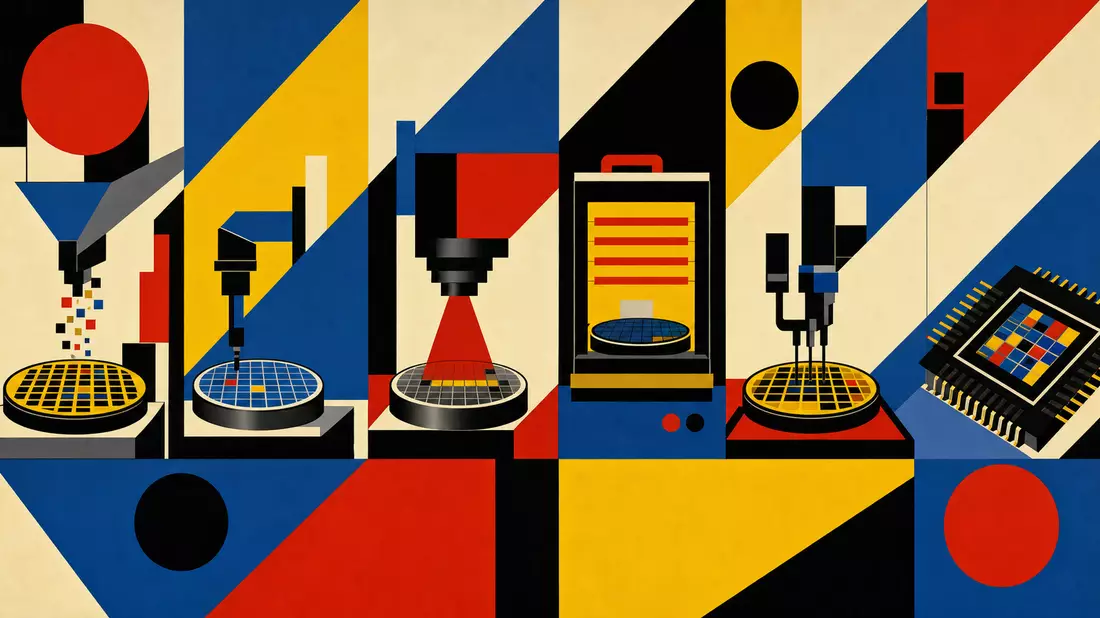 Bauhaus-Grafikposter mit abstrakten geometrischen Formen in Rot, Blau, Gelb und Schwarz, symbolisiert Halbleiter-Fertigung