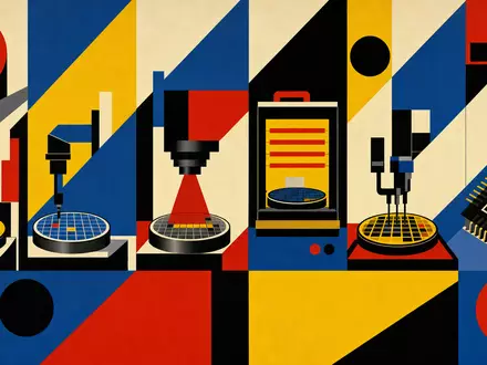 Lam Research US5324571083 Bauhaus Poster abstrahierter Halbleiter Prozess in geometrischen Primärfarben Rot Blau Gelb - Foto: THN