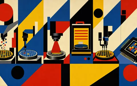 Lam Research US5324571083 Bauhaus Poster abstrahierter Halbleiter Prozess in geometrischen Primärfarben Rot Blau Gelb - Foto: THN