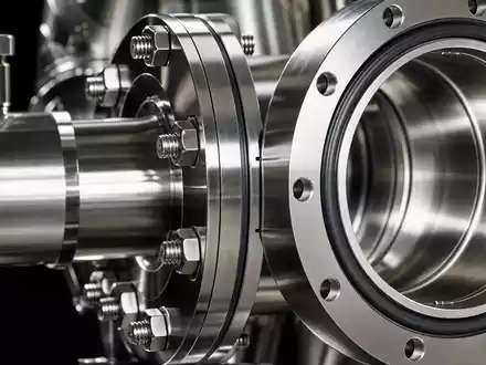 Lam Research US5324571083 Makro polierter Vakuumkammer Flansch mit O Ring Dichtung auf schwarzem Hintergrund - Foto: THN