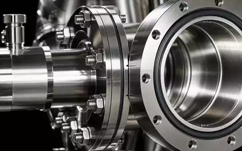Lam Research US5324571083 Makro polierter Vakuumkammer Flansch mit O Ring Dichtung auf schwarzem Hintergrund - Foto: THN