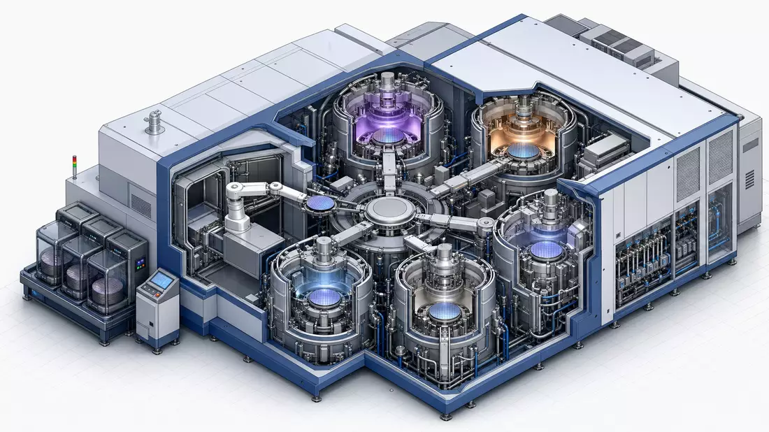 Isometrische 3D-Illustration eines vollständigen Halbleiter-Cluster-Tools, Schnittansicht zeigt Prozesskammern mit Plasmaschein