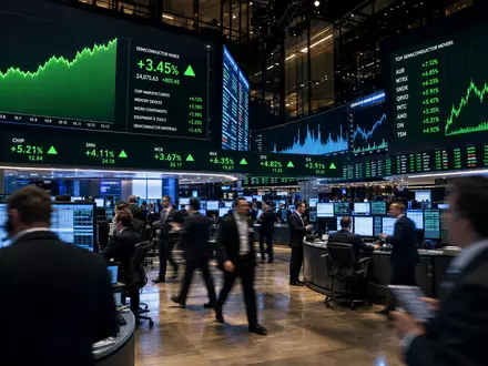 Lam Research US5324571083 NASDAQ Boersenparkett Haendler vor grünen Halbleiter Kursanzeigetafeln Editorial Fotografie - Foto: THN