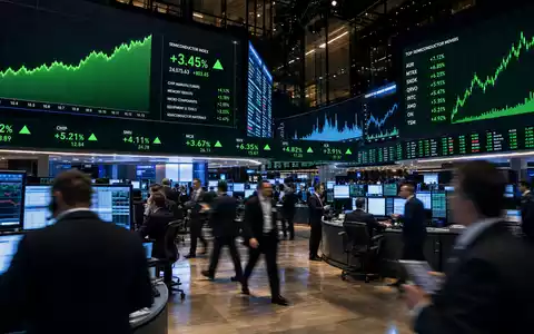 Lam Research US5324571083 NASDAQ Boersenparkett Haendler vor grünen Halbleiter Kursanzeigetafeln Editorial Fotografie - Foto: THN