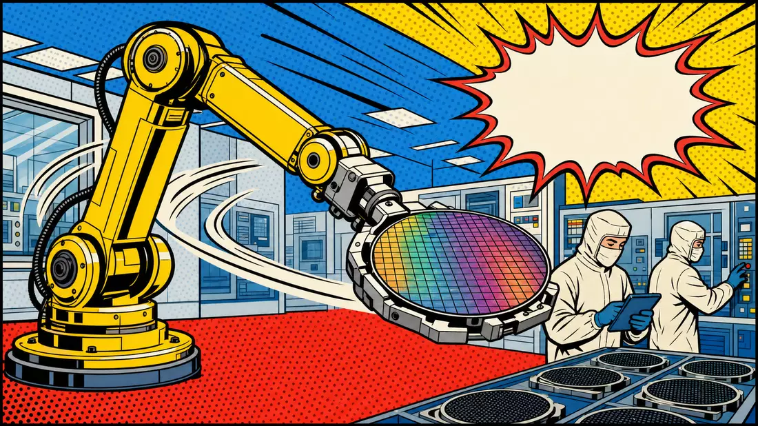 Pop-Art-Comic im Lichtenstein-Stil: gelber Roboterarm hält irisierenden Siliziumwafer über zwei Rein