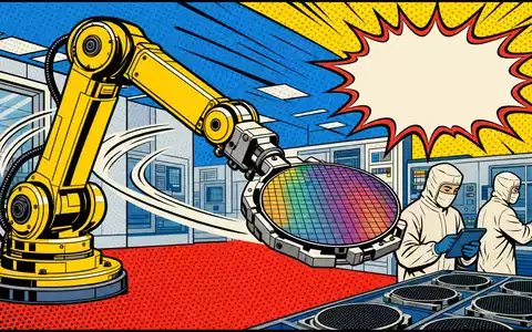 Lam Research US5324571083 Pop Art Comic gelber Roboterarm transportiert irisierenden Silizium Wafer über Techniker - Foto: THN