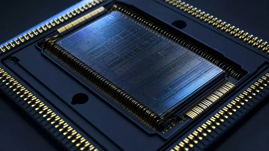 Nahaufnahme eines generischen DRAM-Speicherchips auf schwarzem Substrat mit goldenen Bond-Drähten un