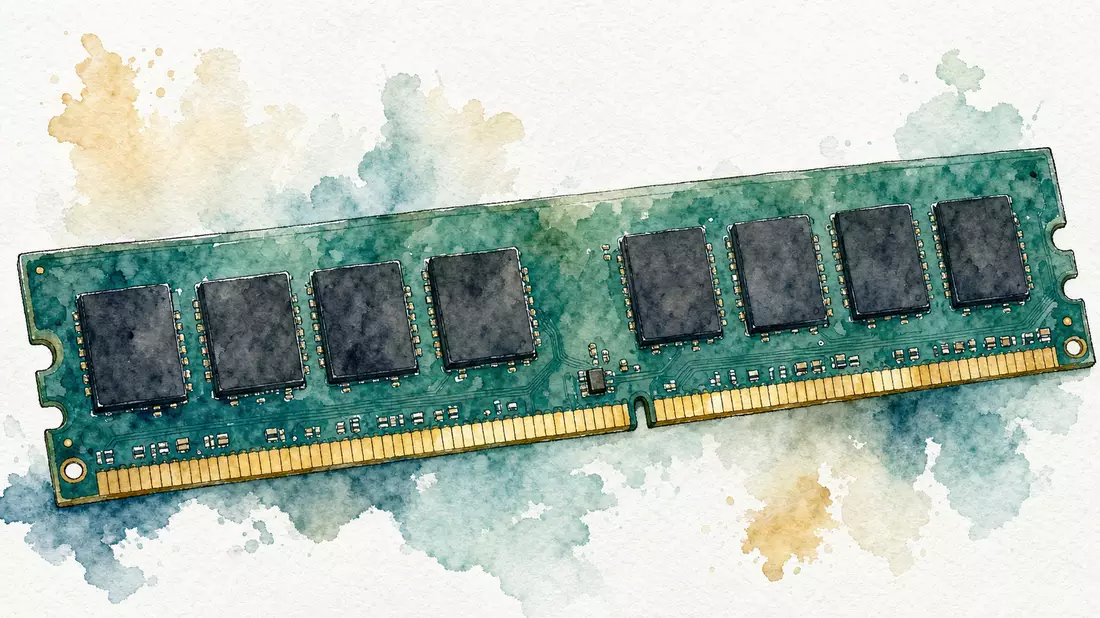 Aquarellgemälde eines generischen DDR-Speichermoduls mit goldenen Kontaktfingern, lockere Pinselstri