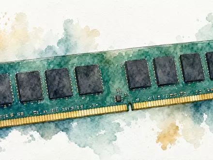 Micron Technology US5951121038 Speichermodul mit goldenen Kontakten als zartes impressionistisches Aquarell gemalt - Foto: THN