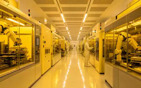 Micron Technology US5951121038 Halbleiter Fab Reinraum mit Wafer Handling Robotern im Gelbsafelicht - Foto: THN