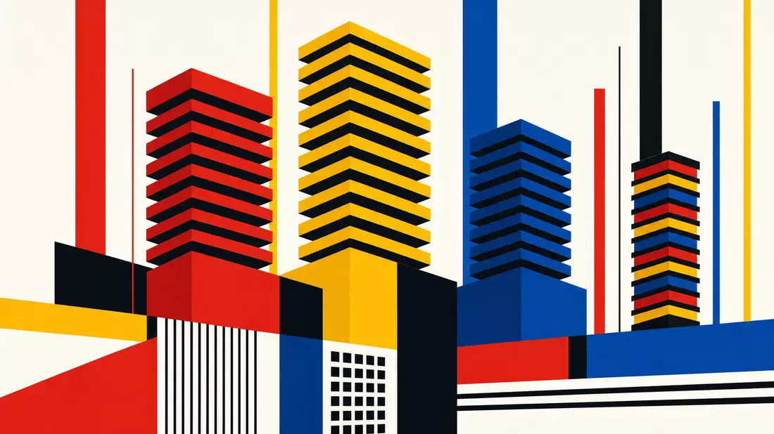 Bauhaus-Konstruktivismus-Poster mit abstrakten gestapelten Rechtecktürmen als High-Bandwidth-Memory-